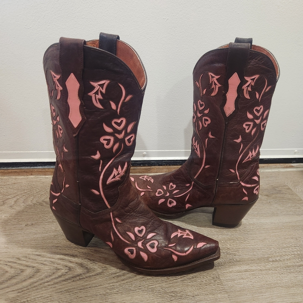 Dan Post Brown and Pink Floral Cowgirl Boots